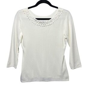 Joseph A. Womens Off White Beaded Scoop Neck 3/4 Sleeve Knit Top Large‎